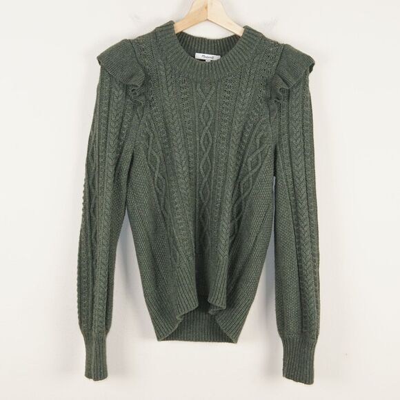 Madewell Hollydene Ruffle Shoulder Pullover Knit Wool Blend Green Sweater Sz S - Picture 1 of 9